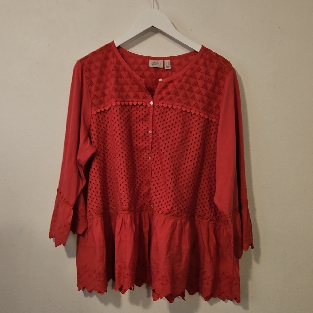 LOGO by Lori Goldstein  Dark Pink Eyelet Tunic